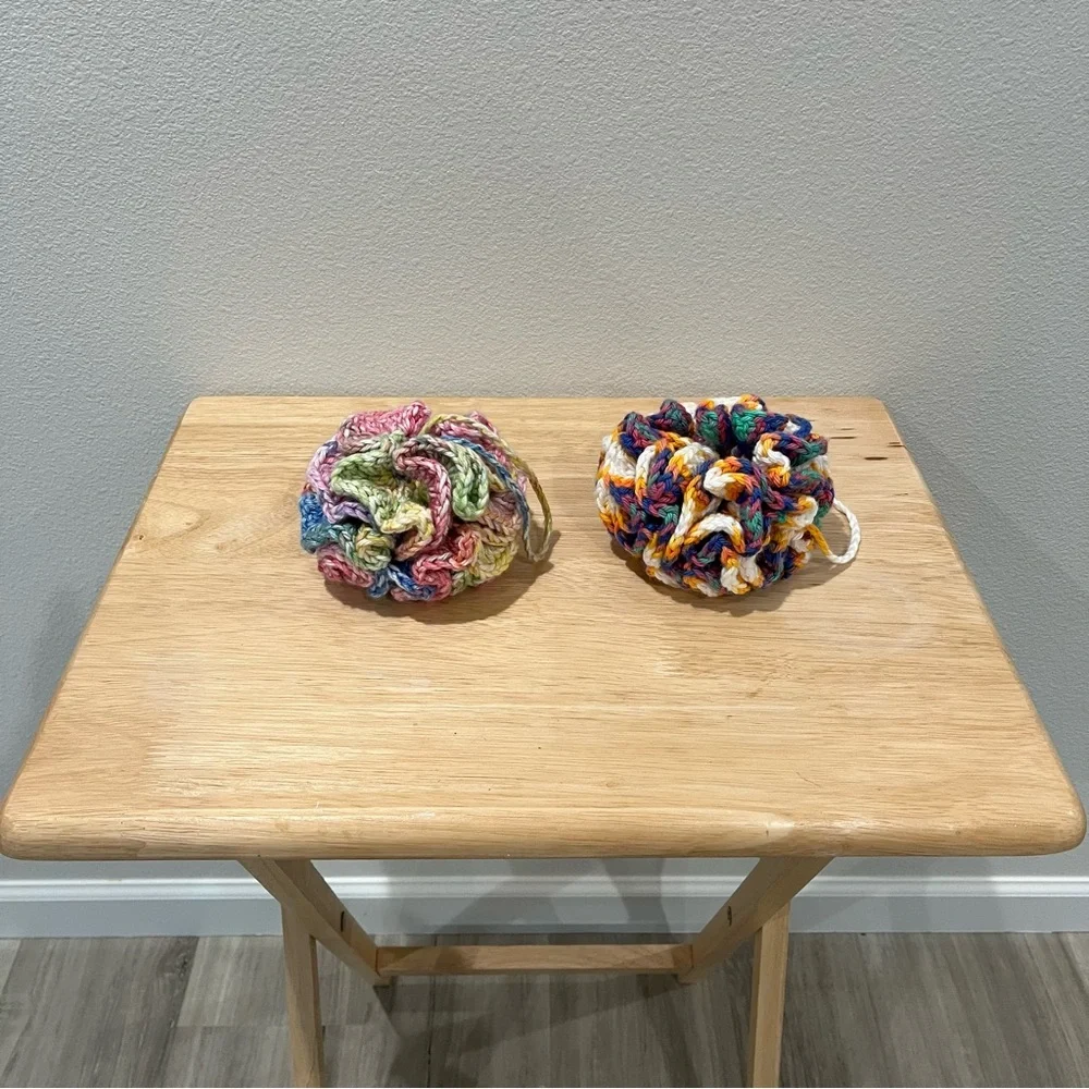 Set of 2 Crochet Pink/Yellow/Blue Eco-Friendly Bath Loofahs with Hanging Loop